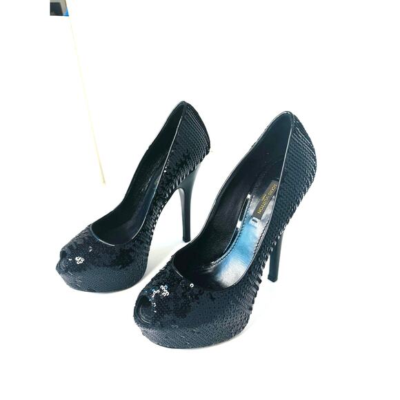 Louis Vuitton Black leather Sequin Peep Toe Platform Pumps Heels Size 35.5 - Picture 8 of 13